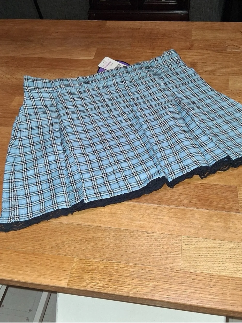 Light Blue Plaid Mini Skirt with Lace Trim